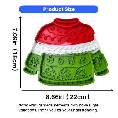 Christmas sweater silicone dog lick mat measuring 8.66 x 7.09 inches for slow feeding and enrichment
