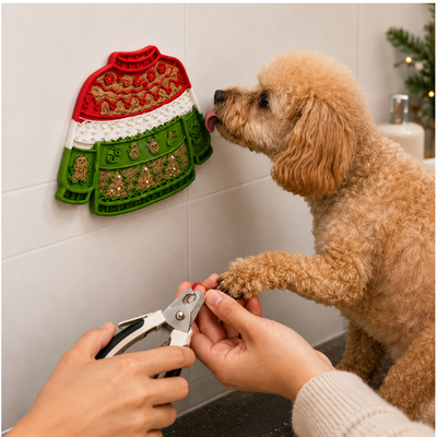 Dog licking Christmas sweater lick mat during nail trimming for grooming distraction and enrichment