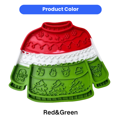 Red green and white Christmas sweater silicone dog lick mat color design for holiday pet feeding