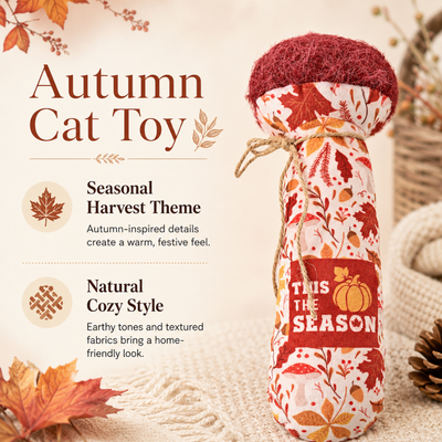 Fall Harvest Plush Cat Toy Cozy Design Autumn cat toy with harvest leaf prints and cozy textured fabric displayed in a fall home setting