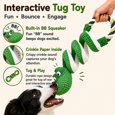 Squeaky Crinkle Frog Tug Toy for Dogs Frog tug dog toy with built-in squeaker, crinkle paper and durable rope handle