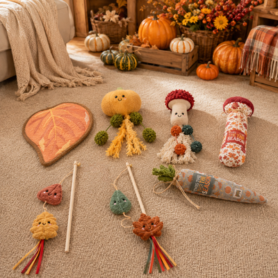 Autumn Cat Toy Collection for Seasonal Retail Assorted autumn cat toys including plush kicker toys, leaf toys and teaser wands displayed in a fall living room