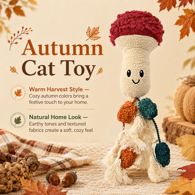 Autumn mushroom cat toy displayed in a warm fall home setting with harvest decorations and textured fabrics