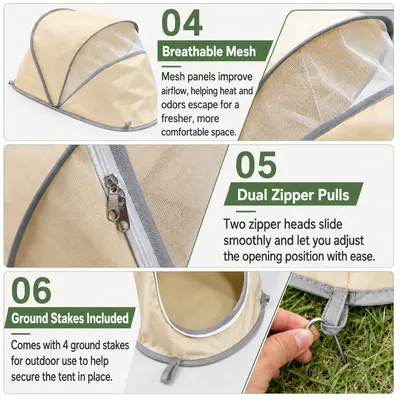 Portable pet tent featuring breathable mesh dual zipper pulls and outdoor ground stakes