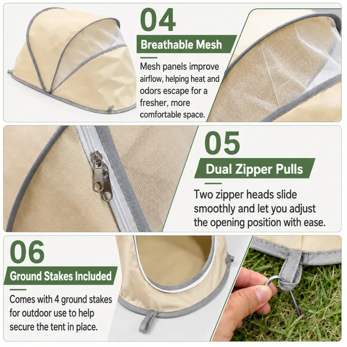 Portable pet tent featuring breathable mesh dual zipper pulls and outdoor ground stakes
