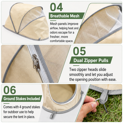 Breathable Pet Tent with Dual Zippers and Ground Stakes Portable pet tent featuring breathable mesh dual zipper pulls and outdoor ground stakes
