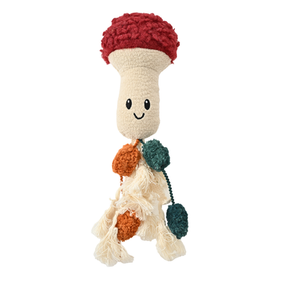 Autumn mushroom plush cat toy with red cap, textured fabric, colorful pom poms and soft tassels