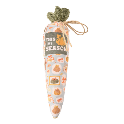Autumn Harvest Carrot Cat Toy Autumn harvest carrot-shaped cat toy with pumpkin print, green fabric leaves and rope detail on white background