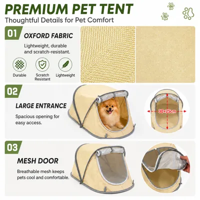 Portable pet tent showing Oxford fabric large entrance and breathable mesh door features