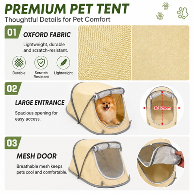 Oxford Fabric Pet Tent with Large Mesh Entrance Portable pet tent showing Oxford fabric large entrance and breathable mesh door features