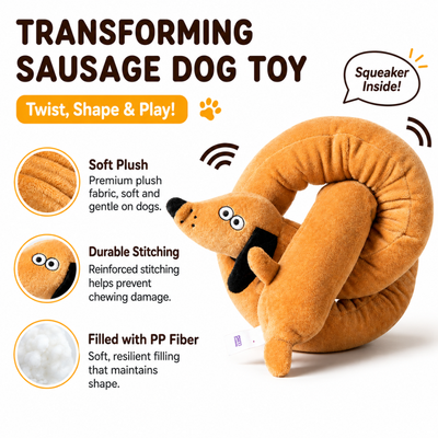 Transforming Squeaky Sausage Dog Toy Features Transforming sausage dog toy with squeaker soft plush durable stitching and PP fiber filling