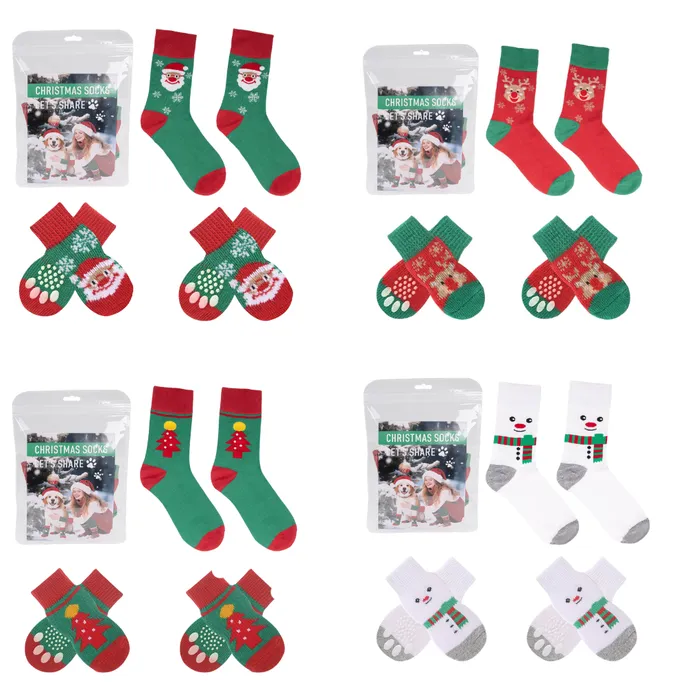 Four styles of Christmas matching socks for dogs and owners featuring Santa, reindeer, tree and snowman designs