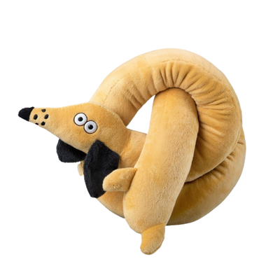 Flexible Transforming Plush Sausage Dog Toy Flexible yellow sausage dog plush toy with long twistable body and black ears on white background