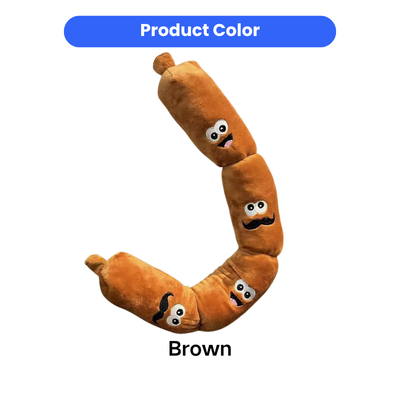 Brown Sausage Squeaky Dog Toy Color Brown plush sausage squeaky dog toy with funny embroidered faces