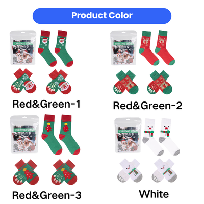 Christmas Matching Dog Socks Colors and Patterns Christmas dog socks color chart showing red green and white Santa, reindeer, tree and snowman patterns