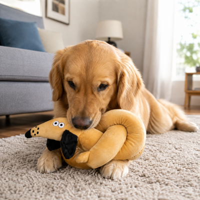 Interactive Sausage Dog Toy for Dogs Golden retriever playing with yellow transforming sausage dog plush toy in living room