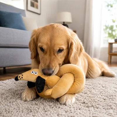 Interactive Sausage Dog Toy for Dogs Golden retriever playing with yellow transforming sausage dog plush toy in living room