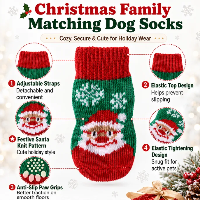 Green and red Christmas dog sock with Santa knit pattern, elastic cuff and anti-slip paw grips