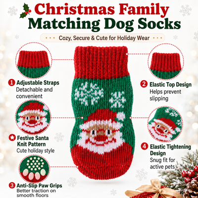 Christmas Anti Slip Dog Socks with Festive Knit Design Green and red Christmas dog sock with Santa knit pattern, elastic cuff and anti-slip paw grips