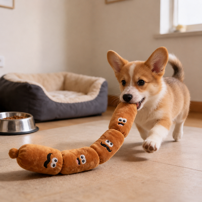 Dog Playing with Sausage Squeaky Toy Corgi puppy playing with a long plush sausage squeaky dog toy indoors