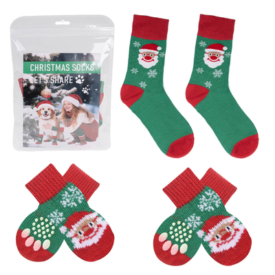 Santa Christmas Matching Dog Socks Set Green and red Santa Christmas socks for adults and dogs with pet socks and retail package on white background