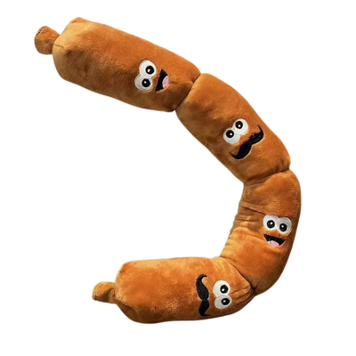 Long Plush Sausage Squeaky Dog Toy Brown long plush sausage squeaky dog toy with segmented bendable design on white background