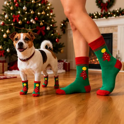 Dog and owner wearing matching green and red Christmas tree socks beside a decorated Christmas tree
