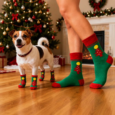 Matching Christmas Socks for Dogs and Owners Dog and owner wearing matching green and red Christmas tree socks beside a decorated Christmas tree