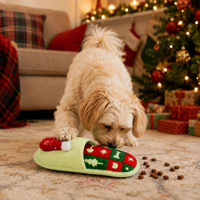 Dog Playing with Christmas Snuffle Toy Indoors Dog sniffing for treats in Christmas snuffle toy beside Christmas tree in living room