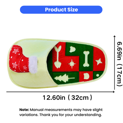 Christmas Dog Snuffle Toy Size 12.6 x 6.69 Inches Christmas dog snuffle toy measuring 12.6 x 6.69 inches with slipper-shaped enrichment design