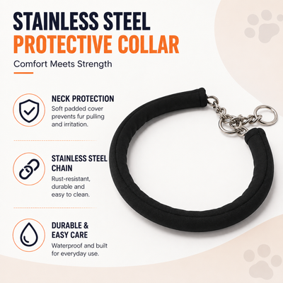 Stainless Steel Protective Dog Collar Features Padded stainless steel dog collar with neck protection durable chain and waterproof cover