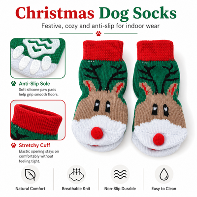 Christmas Anti Slip Dog Socks Features Christmas reindeer dog socks with anti slip paw grips, stretchy cuffs and breathable knit fabric