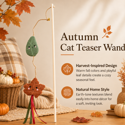 Harvest Inspired Autumn Cat Teaser Wand Harvest inspired autumn cat teaser wand with plush leaf design and ribbon tassels in a warm seasonal home setting