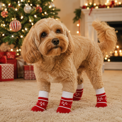 Dog Wearing Christmas Anti Slip Socks Indoors Small dog wearing red Christmas snowflake socks in a festive living room