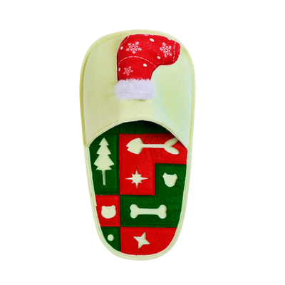 Christmas Slipper Dog Snuffle Toy for Treat Hiding Christmas slipper shaped dog snuffle toy with red green treat hiding pockets and Santa hat design