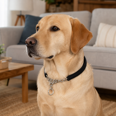 Padded Stainless Steel Dog Collar for Large Dogs Labrador wearing a black padded stainless steel training collar indoors