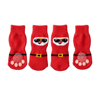 Red Santa Christmas dog socks with anti slip silicone paw grips and knitted cuffs