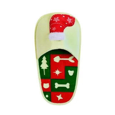 Red and green Christmas dog enrichment toy with Santa hat bone tree and star sniffing sections