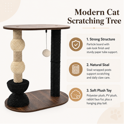 Modern cat scratching tree with natural sisal posts, wood-look platforms and hanging plush ball