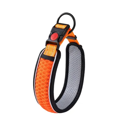 Orange breathable mesh dog collar with reflective trim, padded lining, safety buckle and black D-ring