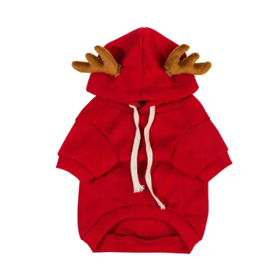 Red Reindeer Christmas Pet Hoodie Front View Red Christmas pet hoodie with brown reindeer antlers, drawstring hood and ribbed cuffs on white background