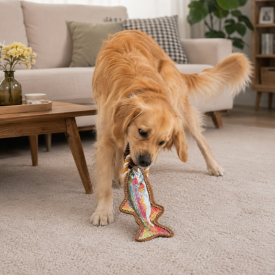 Golden Retriever playing with a rainbow trout faux leather dog toy with rope handle indoors