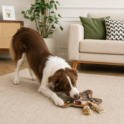 Dog Playing with Leather Duck Toy Dog playing with a suede leather mallard duck dog toy with cotton rope legs on a living room rug