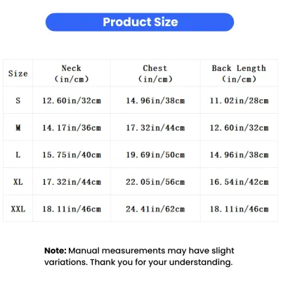 Christmas Reindeer Pet Hoodie Size Chart Size chart for Christmas reindeer pet hoodie with neck, chest and back length measurements from S to XXL