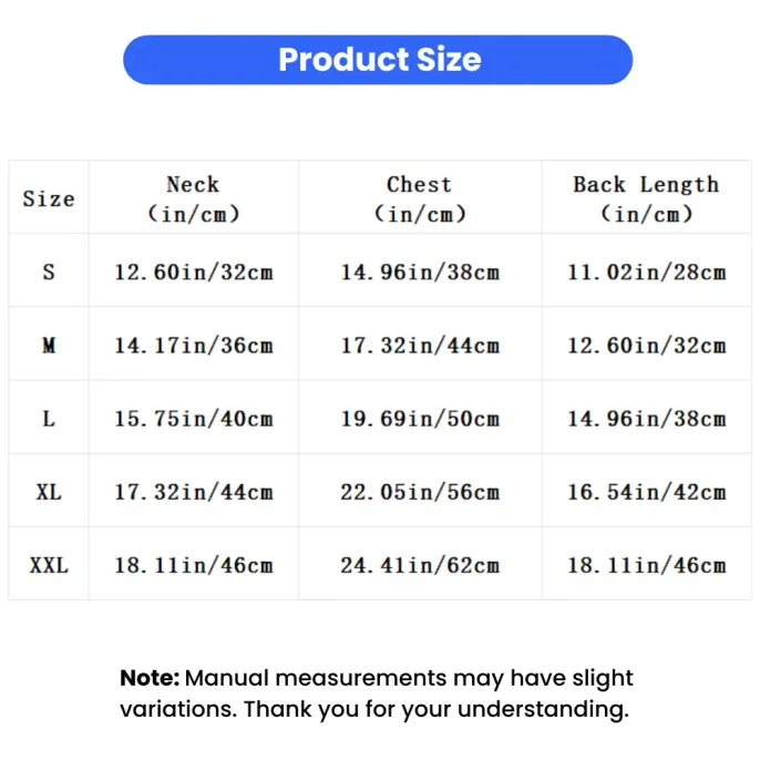 Christmas Reindeer Pet Hoodie Size Chart Size chart for Christmas reindeer pet hoodie with neck, chest and back length measurements from S to XXL