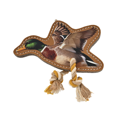 Leather Duck Dog Toy with Rope Legs
Brown suede leather duck dog toy with realistic Brown suede leather duck dog toy with realistic mallard print, stitched edges and cotton rope knots