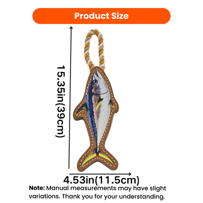 Tuna leather dog toy size chart showing 15.35 inch length and 4.53 inch width