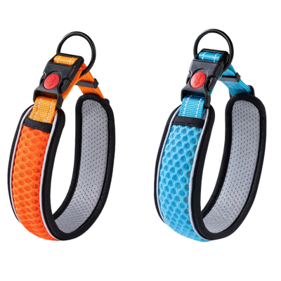 Orange and Blue Reflective Mesh Dog Collars Orange and blue reflective breathable mesh dog collars displayed on a white background