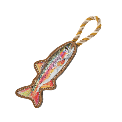 Angled view of rainbow trout faux leather tug dog toy with stitched border and twisted rope loop