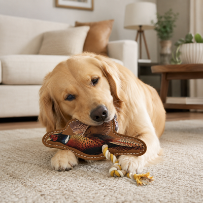 Dog Playing with Pheasant Suede Leather Toy Golden retriever chewing a pheasant suede leather dog toy in a living room